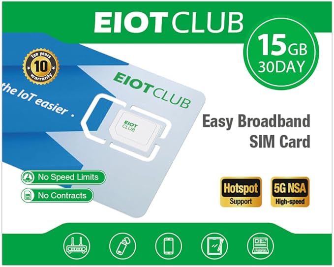 EIOTCLUB Prepaid Data SIM Card 15GB/30Day, 5G/4G LTE Nationwide Coverage, Compatible with AT&T Network | Data Only SIM Card for Routers, Portable WiFi Hotspots, Tablets & Unlocked Phones, No Contract