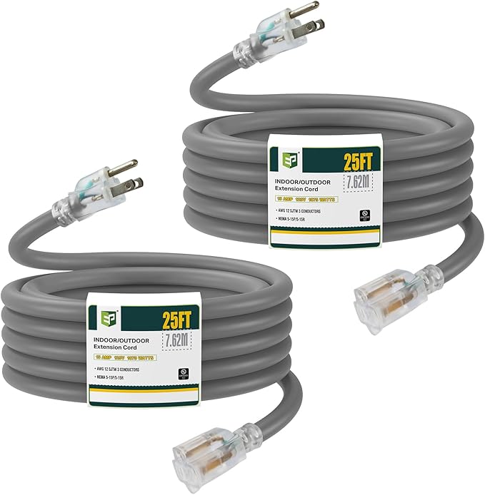 EP 2 Pack 25 Ft Lighted Outdoor Extension Cord - 12/3 SJTW Heavy Duty Grey Extension Cable with 3 Prong Grounded Plug - Power Cord for Lawn, Garden, Appliances