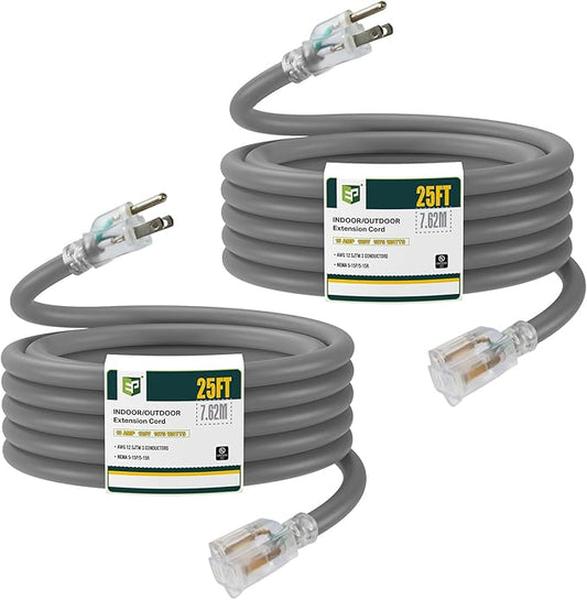 EP 2 Pack 25 Ft Lighted Outdoor Extension Cord - 12/3 SJTW Heavy Duty Grey Extension Cable with 3 Prong Grounded Plug - Power Cord for Lawn, Garden, Appliances