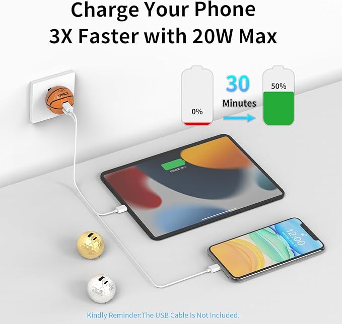 20W Dual Port Creative Golf Ball Charger Block， GaN III Power Adapter Fast Wall Charger with UL Certified, Fast Charging for iPhone 16/16 Pro/16 Pro Max/16 Plus/15/14/13/12, Galaxy, iPad, Airpods