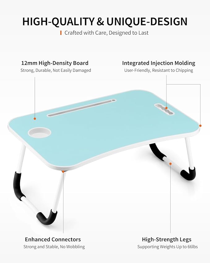 Foldable Laptop Table, Portable Lap Desk Bed Table Tray, Laptop Stand with Cup Holder & Tablet Slot & Lifting Handle for Working Writing Drawing & Eating (Blue)