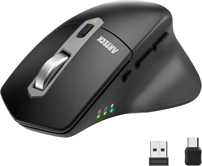 Arteck Multi-Device Wireless Bluetooth Mouse with Nano USB-A, USB-C Receiver Ergonomic Right Hand Silent Clicking Rechargeable Mouse for Computer Desktop PC Laptop Mac iPad and Windows 11/10 iPad OS