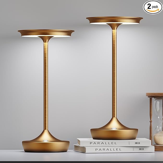 2 Pack LED Rechargeable Cordless Table Lamps, Portable Outdoor Battery Operated Table Light 3 Color Stepless Dimming Table Lamp with Memory Function for Patio Restaurant Dining Room Bronze