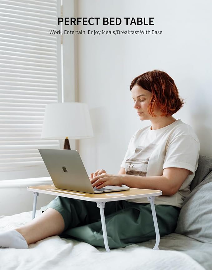 Laptop Bed Desk, Foldable Lap Table, Portable Study Table, Laptop Stand with Cup Holder & Tablet Slot & Lifting Handle for Working Writing Drawing & Eating - Wood