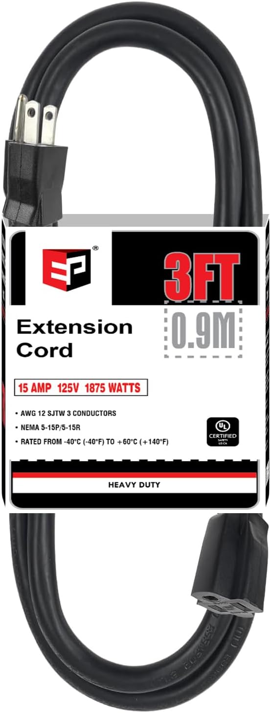 EP 3 Ft Extension Cord - 12/3 SJTW Heavy Duty Black Extension Cable with 3 Prong Grounded Plug - Power Cord for Lawn, Garden, Appliances