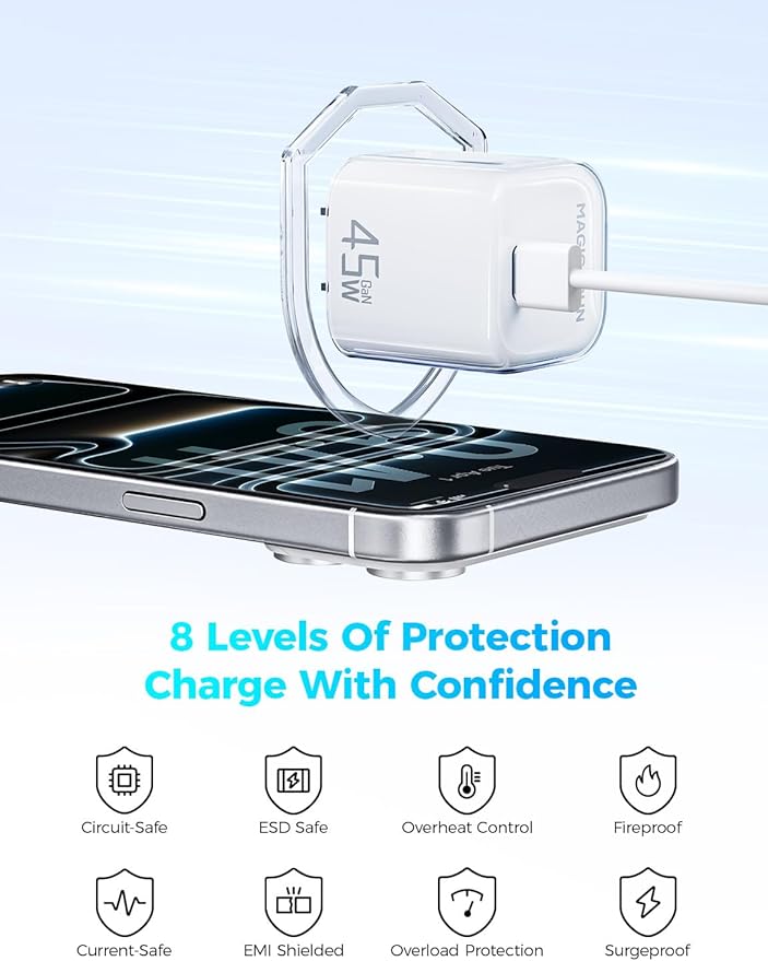 MAGIC JOHN 45W USB C Charger Block, Ultra-Fast Charging for iPhone 15/16/17 & More, Compatible with iPhone, iPad, Samsung, and Other USB C Devices White