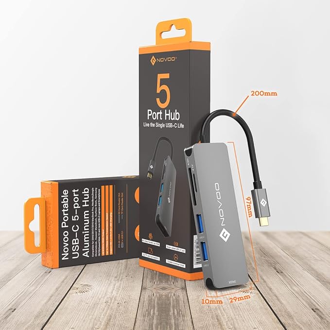 NOVOO USB C Hub 5 in 1 with HDMI 4K Adapter, 2 USB 3.0 Ports, 1 SD Memory Port, 1 microSD Card Reader