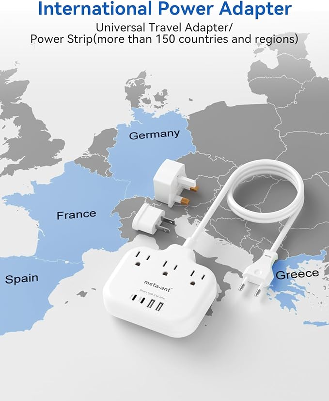 European Travel Plug Adapter, US to European Plug Adapter with 3 American Outlets & 4 USB, 3ft European Power Cord, International Travel Power Strip, Type C for Europe EU Germany France, Travel, White
