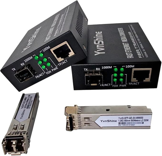 2 Pack Fiber Ethernet Media Converter, Gigabit SFP to RJ45 Converter Includes 2 Pcs 1.25G Multi-Mode SFP Transceiver, Fiber to Ethernet with 1000BASE-SX SFP to LC Module (MMF,850nm, Up to 550 Meters)