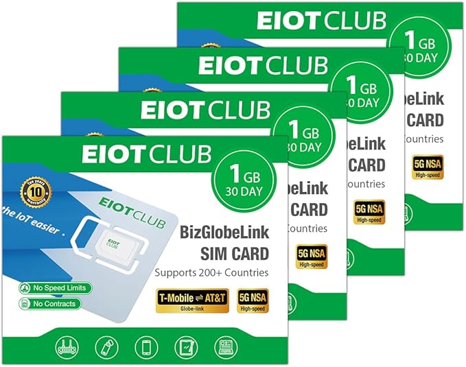 EIOTCLUB 4 Pack International Data SIM Card, Travel SIM Card for 200+ Countries, 1GB/30Day Prepaid Data SIM, 5G LTE Cellular for Phone Tablet Router WiFi Hotspots, No Roaming Charges