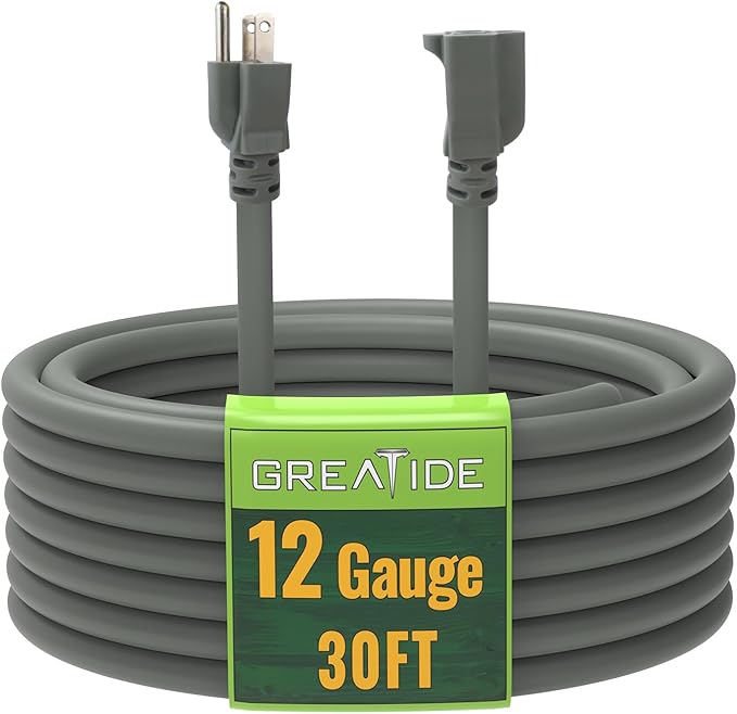 30 Ft Outdoor Extension Cord - 12/3 SJTW Heavy Duty Grey Extension Cable with 3 Prong Grounded Plug - Power Cord for Lawn, Garden, Appliances