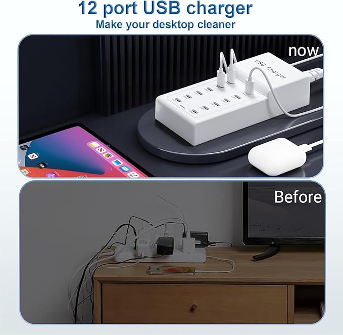 USB C Charger, 12 Ports USB Charging Station, 50W MultiPort USB Charging Block, USBC Desktop Multiple Charger for iPhone 16/15/14/13/12/iPad/Samsung S24/S23/Ultra/Z Flod/Watch/Headphones