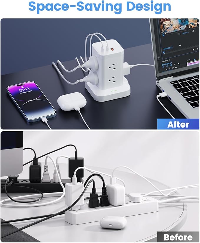 11-in-1 Power Strip Tower with Surge Protector 1800J, Fast Charging Tower PD20W USB-C Ports with 8 AC Outlets, 5ft Extension Cord for Home Office Dorm Room, White