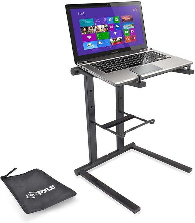 Pyle Portable Folding Laptop Stand - Foldable Laptop Stand with Adjustable Height, Secondary Accessory Tray for iPad, Tablet, DJ Mixer, Workstation, Gaming, Home Use and Carrying Bag Included