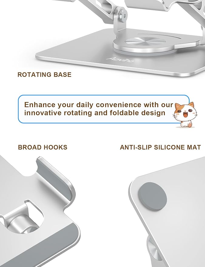 Tablet Stand 360° Rotating Aluminum Holder, Adjustable, Portable and Foldable Monitors Stand for iPads, Compatible with 4-12.9" Tablets, Silver