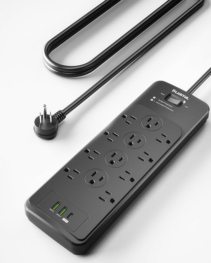 Surge Protector Power Strip 10FT(4080J), PLUGTUL Surge Protector with 12 Outlets - Spacious Design for Large Plugs, Flat Plug, 20W USB C Charging for Home, Office, ETL Listed