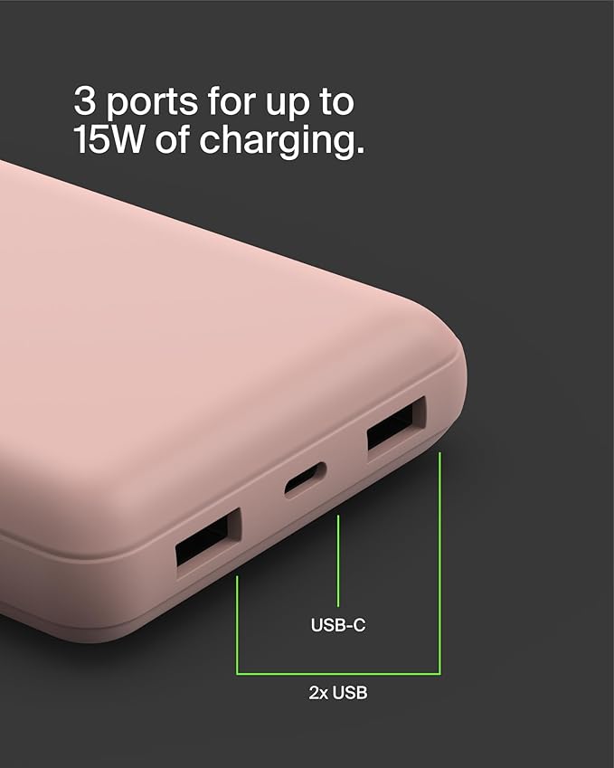 Belkin Portable Charger, USB C Power Bank 20000 mAh w/ 1xUSB-C Port & 2xUSB-A Ports, 15W w/ Type-A to Type-C Cable - iPhone 17, Air, Pro, Pro Max, Samsung Galaxy S25, Google Pixel 10, etc. - Rose Gold