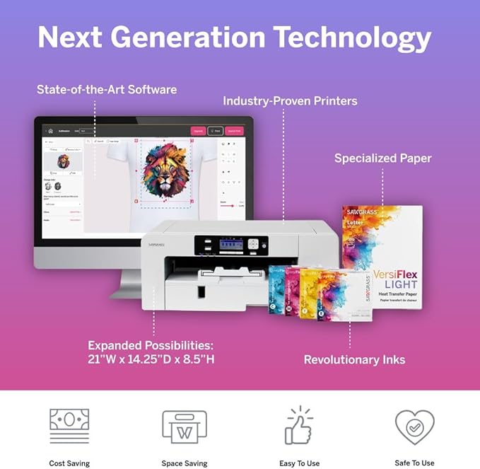 Sawgrass SG1000 VersiFlex Printer Bundle, Innovative Inks & Light Heat Transfer Paper Bundle - Soft-Touch Infusible Ink, 8.5x11 Paper - Professional Results on Untreated Fabric and Wood