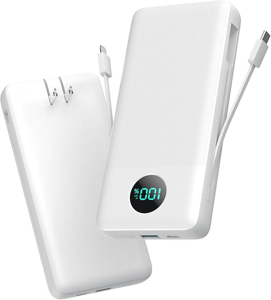 Portable Charger 33800mAh USB C Power Bank with Built-in Cables & AC Wall Plug,25W Fast Charging+QC 4.0 Phone Charger,4 Output LCD Display Battery Pack Compatible with iPhone16/15,Samsung,Android etc