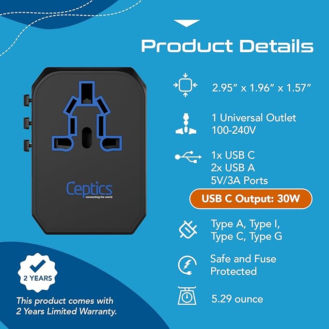 Ceptics International Power Adapter, World Travel adapter w/ PD 30W USB-C - 2 USB-A Ports Universal Adapter, Type A C G I Output for worldwide use, UP-10KU