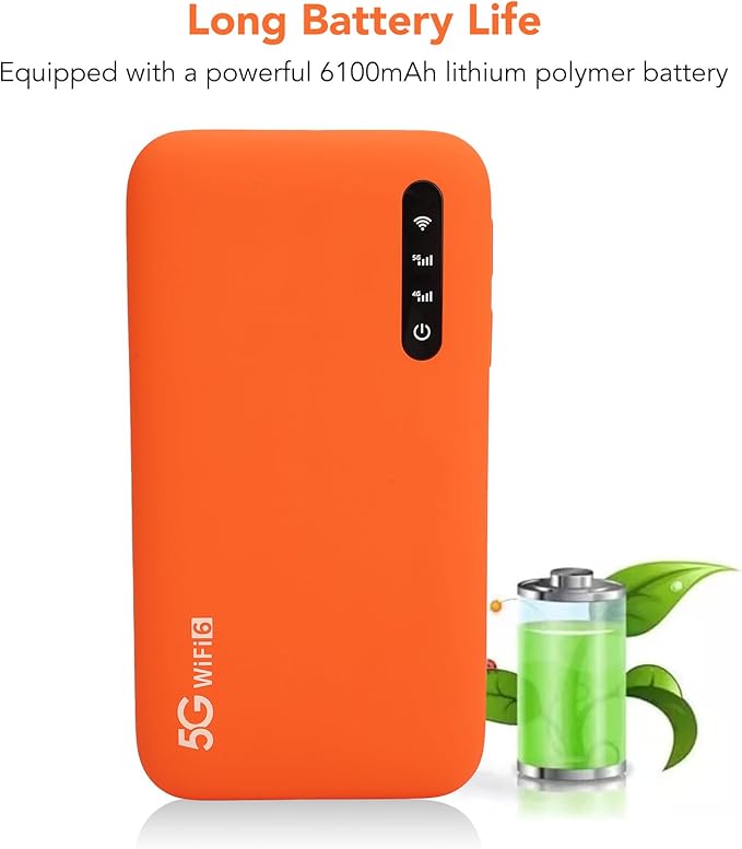 5G WiFi6 Mobile Hotspot, 5G Router with Sim Card Slot, International Coverage Modem, Portable Internet Devices for Travel, Support 16 Users, 6100mAh Battery