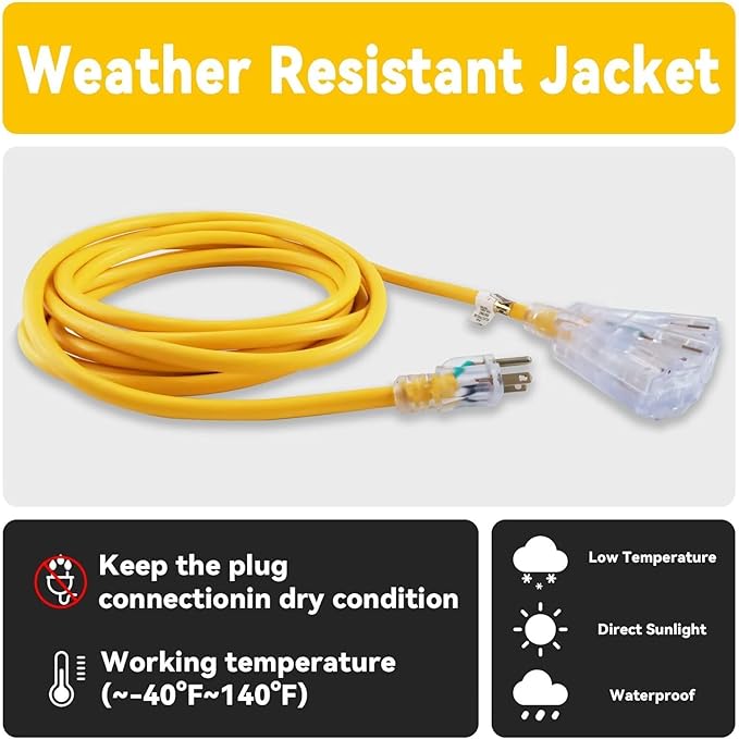 EP 2 Pack 25 Ft 12 Gauge Heavy Duty Extension Cord, 15A 125V 1875W, 3 Outlet Indoor/Outdoor Power Cord with Lighted End, 12/3 SJTW Weatherproof Yellow, UL Listed