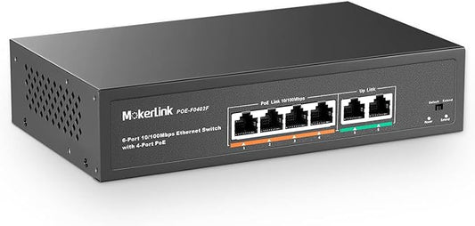 MokerLink 6 Port PoE Switch with 4 Ports PoE+, 2 Fast Ethernet Uplink, 10/100Mbps, 78W High Power, Support IEEE802.3af/at, Fanless Metal Plug & Play PoE+ Network Switch