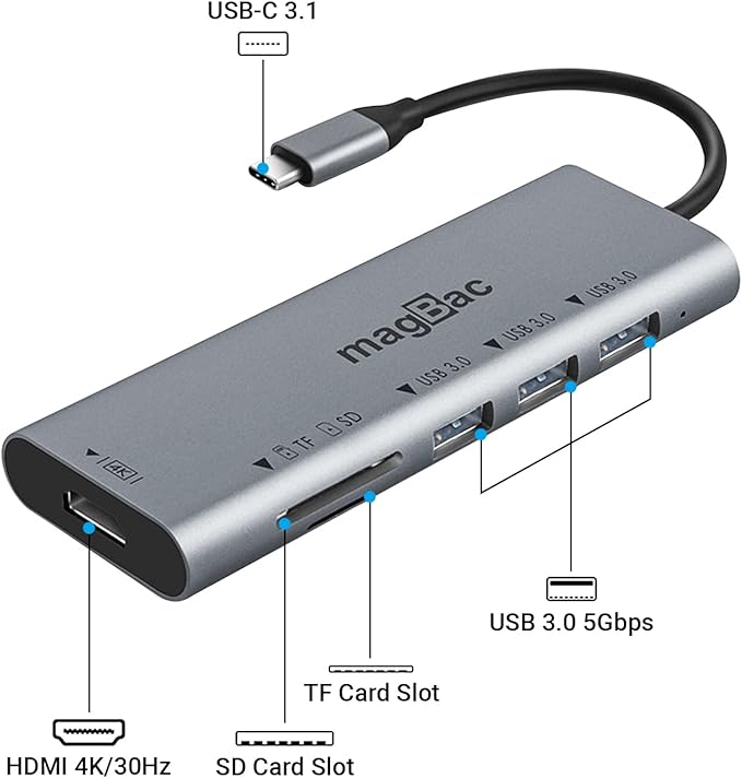 MagBac USB C Docking Station 6-in-1 USB Hub Multiple Adapter with 4K HDMI Display Port, 3 USB A Data Ports, SD/TF Card Slot for HP, Dell, MacBook Pro, Lenovo