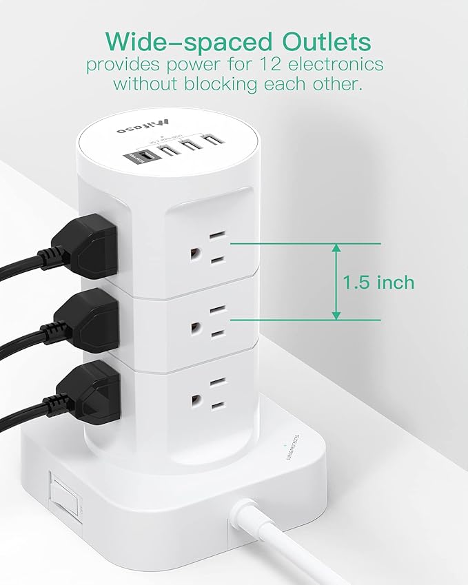 Tower Surge Protector Power Strip with 12 Outlets 4 USB (1 USB C), Mifaso Extension Cord with Multiple Outlets, 1800J Protection, Office Desk Supplies, Dorm Essentials