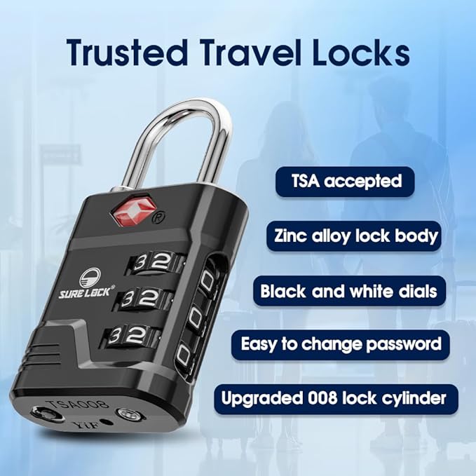 SURE LOCK TSA Locks for Luggage, TSA Approved Luggage Locks with Open Alert, 008 Key for High Security, Easy Read Dials, Zinc Alloy Body, Locker Lock for Suitcase, Gym, Travel. (Black 4 pk)