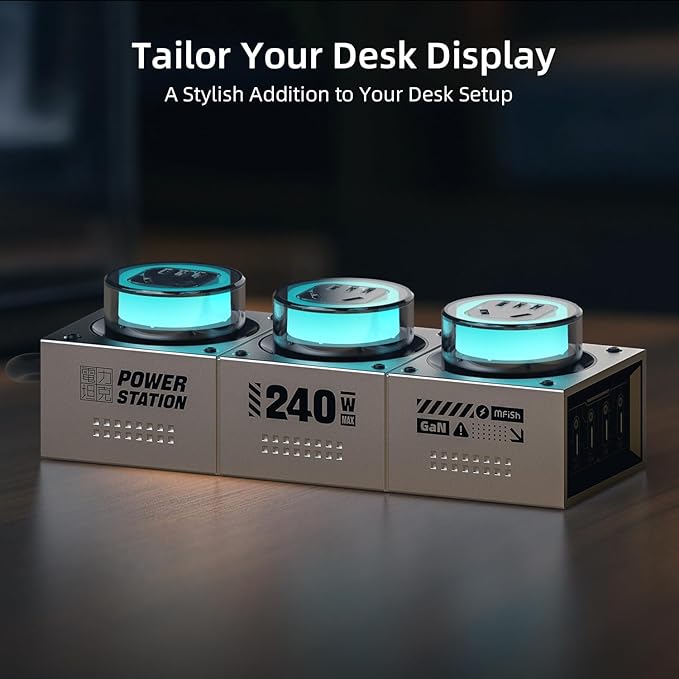 Mfish 240W GaN Charging Station, Super-Fast 7-Port Power Station, USB C Charger Block with RGB Ambient Lighting, Power Strip for MacBook, iPhone 16/15/14, Galaxy, and More (Silver)