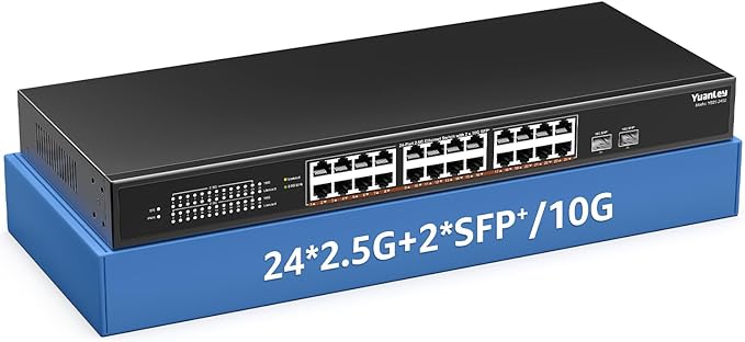 26 Port 2.5G Umanaged Ethernet Switch, 24 x 2.5Gb Base-T Ports, 2 x 10G SFP+, Compatible with 100/1000/2500Mbps, Metal Fanless, Desktop/Rack Mount YuanLey 2.5Gbe Network Switch for Wireless AP, PC