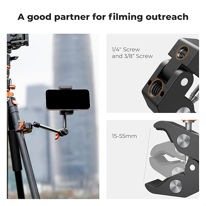 K&F CONCEPT 9.8" Magic Arm Clamp Kit with 1/4" & 3/8" Thread Screw 360° Ball Heads Articulating Magic Arm Camera Mount for DSLRs, Monitor, Flash, LED Light, Microphone, Camera Cage, Action Camera