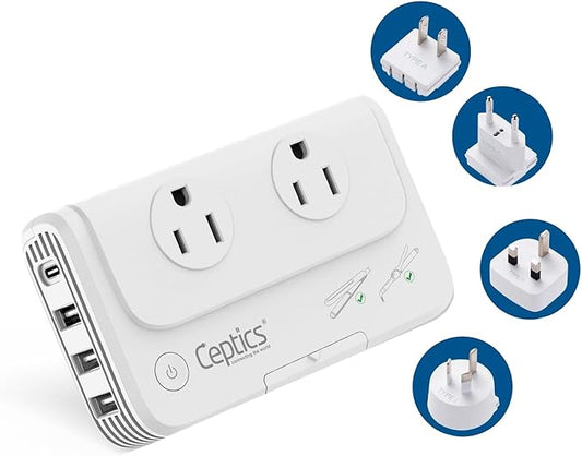 Ceptics 200 W Voltage Converter, Convert 220 V to 110V for Devices Like Curling Iron, Straightener, Chargers, Step Down World Power Plug - 4 USB PD 18W Fast Charging - EU/AU/UK/US Included