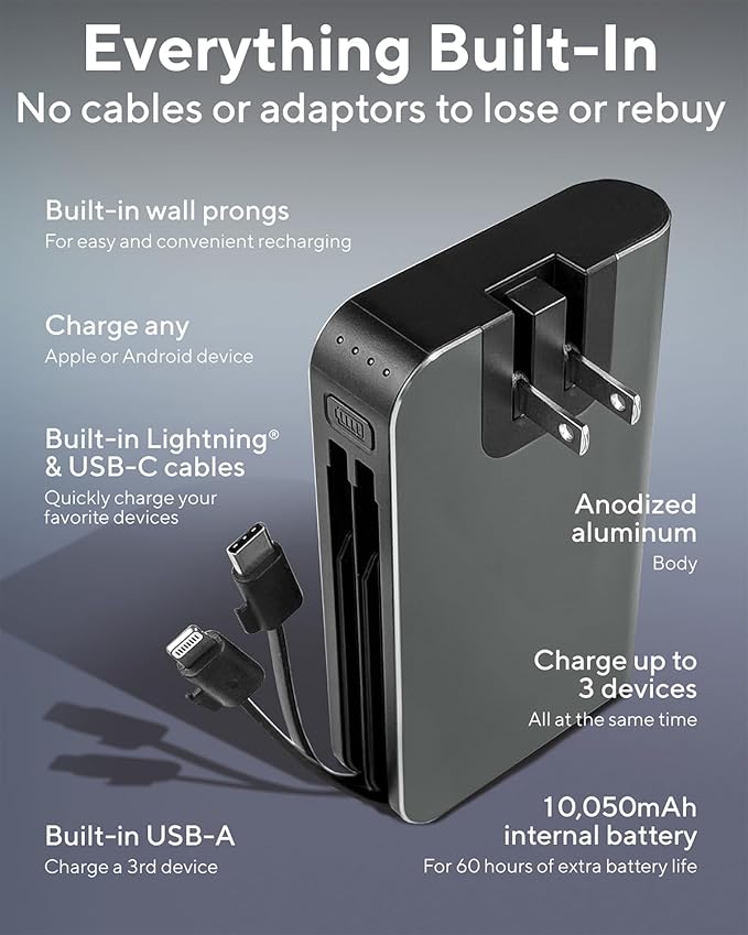 myCharge Portable Charger with Wall Plug – 10050mAh Fast Charging – Power Bank for iPhone, Samsung, Android & More - External Battery Pack Portable Charger with Built-in Cables (Lightning + USB-C)