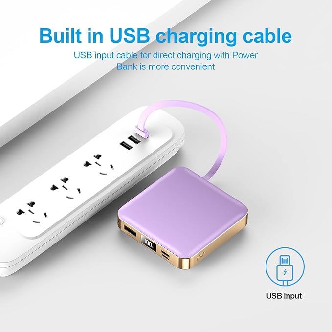 Portable Charger 12000mAh with Built-in Cables,22.5W Fast Charging Power Bank,USB C Input/Output,Smart LED Display,Compact External Battery for iPhone 15,Samsung Galaxy,iPad,Tablets