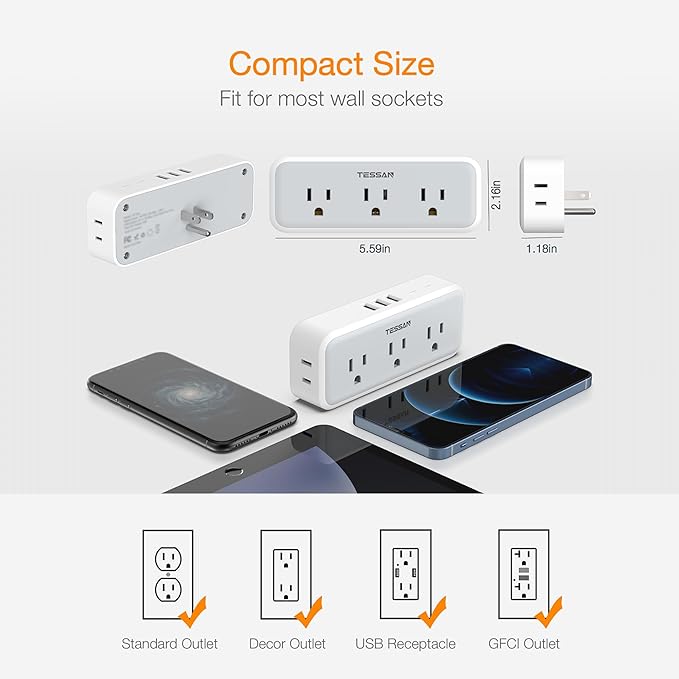 Multi Plug Outlet Splitter, TESSAN Wall Surge Protector 5 Outlet Extender 3 USB Charger Adapter, 3 Way Multiple Power Electrical Plug Expander