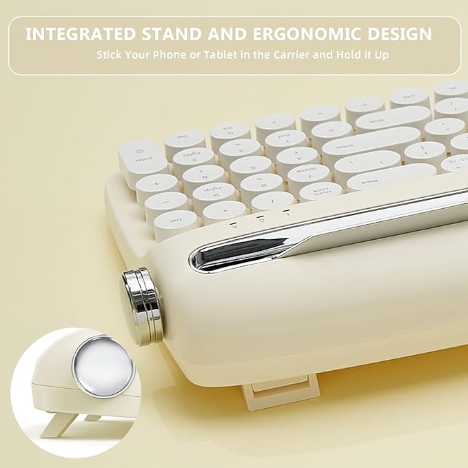 YUNZII Upgraded Wireless Typewriter Keyboard,with Retro Integrated Stand,USB-C/Bluetooth,Cute Round Keycaps, USB-C/Bluetooth Connection for Table, Phone, PC and Win/Mac/Android (B309, Ivory Butter)