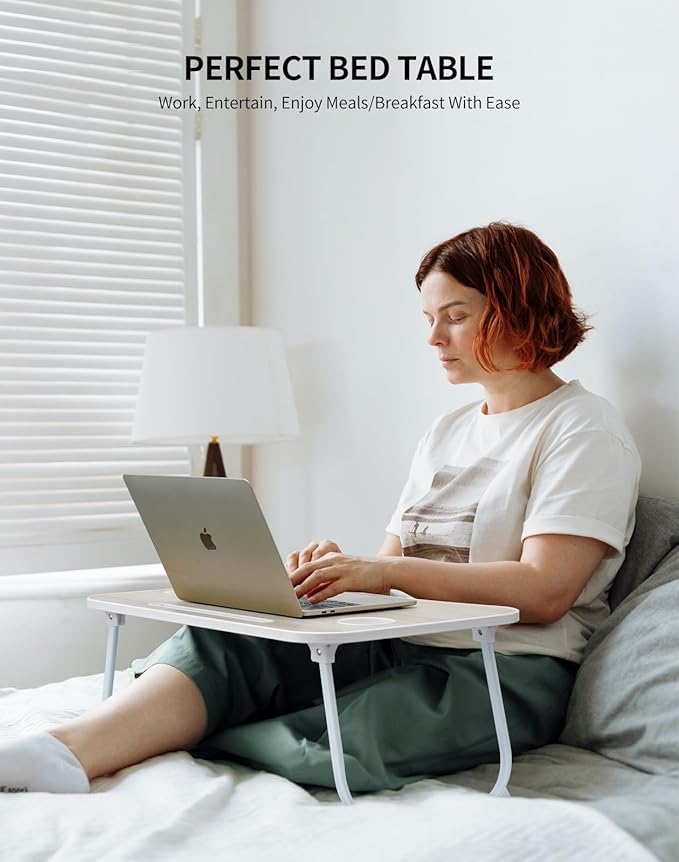 Laptop Bed Desk, Foldable Lap Table, Portable Study Table, Laptop Stand with Cup Holder & Tablet Slot & Lifting Handle for Working Writing Drawing & Eating - White