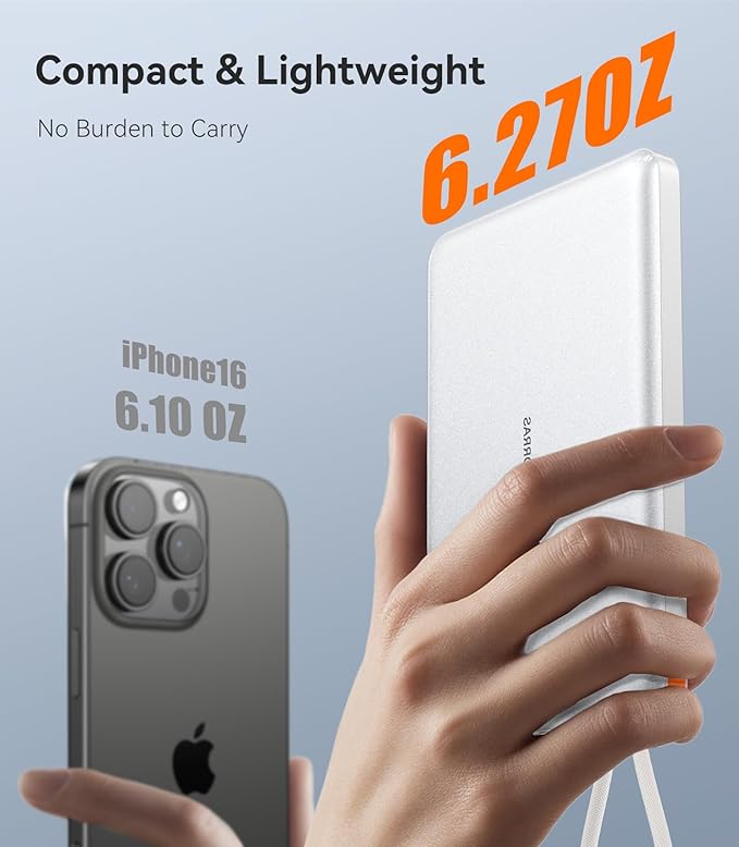 TORRAS Power Bank with Built-in USB-C Cable, Ultra-Slim 10,000mAh Portable Charger USB C, 22.5W Fast Charging Battery Pack for iPhone 17/16/15 Series, Phone air, Galaxy, Pixel, White (No-Wireless)