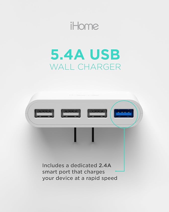 iHome Slim 4-Port USB Wall Charger, AC Pro Multiport Plug Adapter, Phone Charging Block with 4 Ports, Flat USB Wall Adapter for Home & Travel