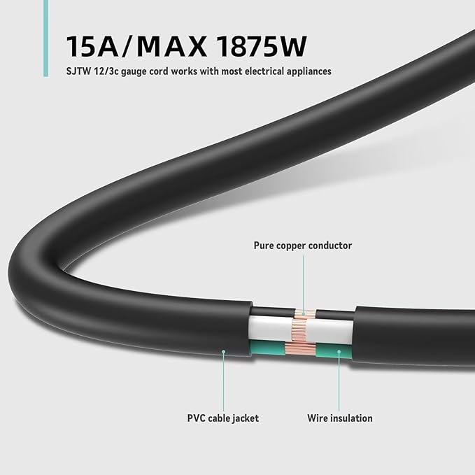 100ft Indoor Outdoor Extension Cord - 12/3 SJTW Heavy Duty Extension Cable with 3 Prong Grounded Plug for Safety -15Amp 1875W Black Electric Cord Great for Garden, Appliances