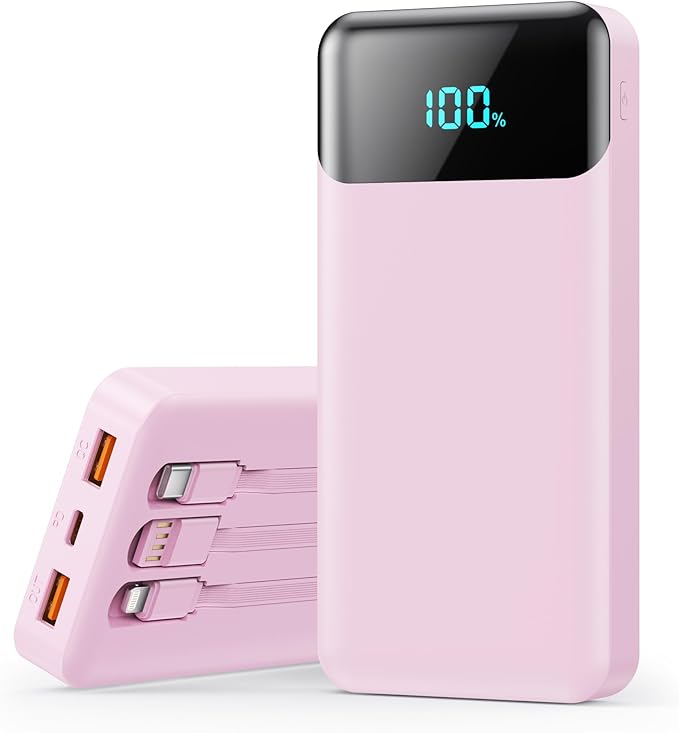 Portable Charger 40800mAh with 3 Built-in Cable,PD 25W USB C in&Out Power Bank Fast Phone Charging,QC4.0 LED Display 5 Output External Battery Pack Compatible with iPhone 17/16,Samsung Android-Peach