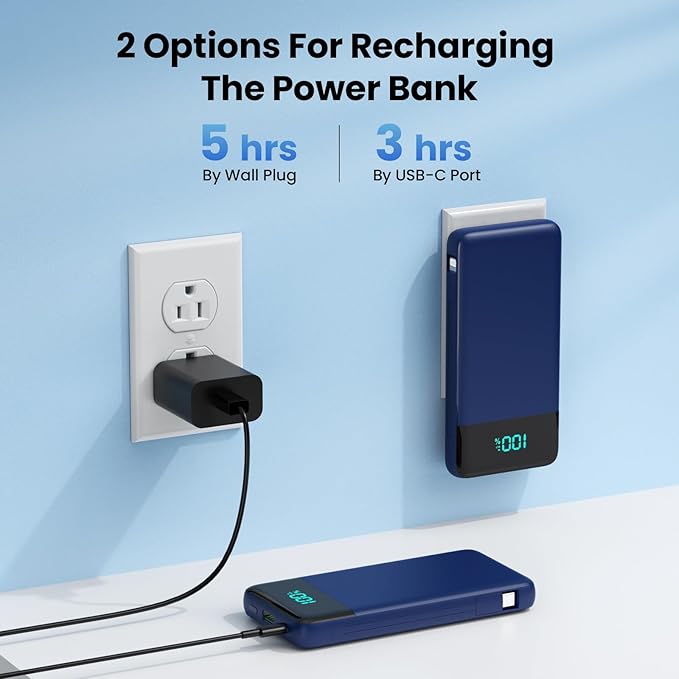 Portable Charger 13800mAh Power Bank with Built-in Cables,LCD Display Fast Charging USB C Battery Pack,4 Outputs Travel Essential Portable Phone Charger for iPhone 16/15/14/13,Android (Navy Blue)