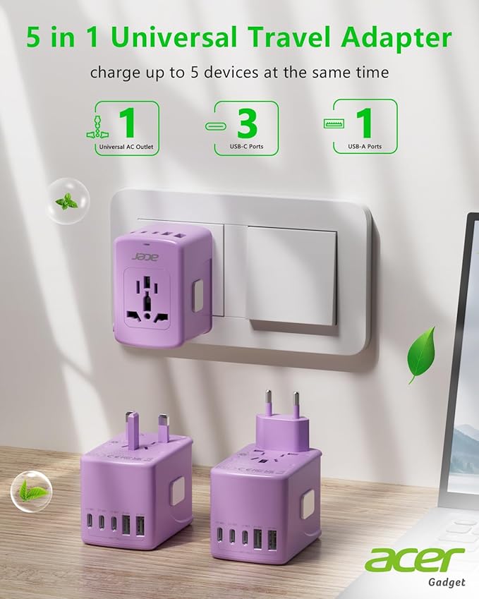 Acer Universal Travel Plug Adapter - International Power Adapter with 5 USB Ports (3 USB C) 5.8A, Worldwide Outlet Charger for USA to European UK France Germany Spain, Type C/E/F/G/I/L/A, Purple