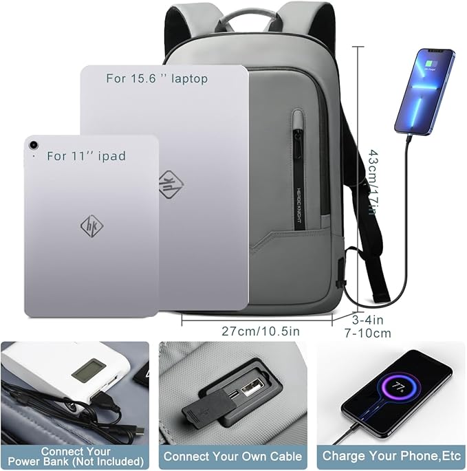 hk Backpack for Men Business Slim Backpack with USB Charger Computer Lightweight Anti-theft Travel Backpacks 15.6 inch Water Resistant Laptop Bag for Work Office College-Grey