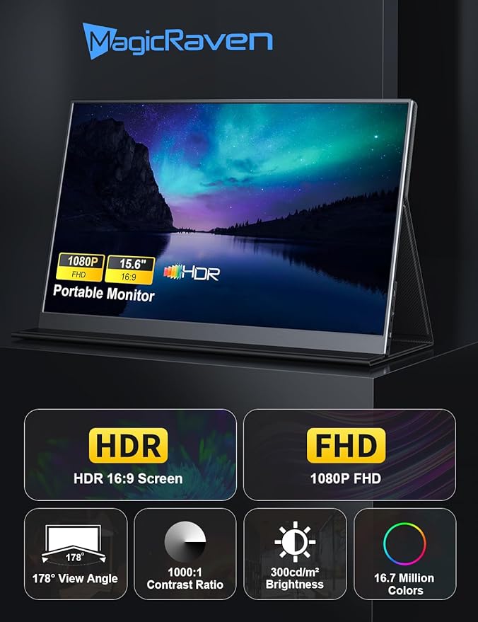 Laptop Screen Extender, 15.6" IPS Portable Monitor, Travel Display for with USB-C/HDMI Port, Plug and Play, Second Screen for Windows/Mac/Android/Switch/PS5/Xbox