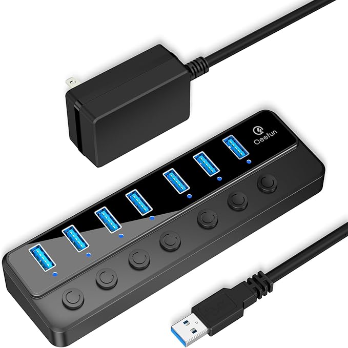 Qeefun Powered USB Hub, 7-Port USB 3.0 Data Extender with Individual LED On/Off Switches and 12V/2A Power Support Port, USB Splitter Expander for Laptop, Desktop PC, iMac and More