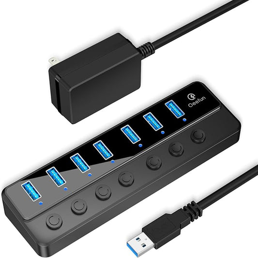 Qeefun Powered USB Hub, 7-Port USB 3.0 Data Extender with Individual LED On/Off Switches and 12V/2A Power Support Port, USB Splitter Expander for Laptop, Desktop PC, iMac and More