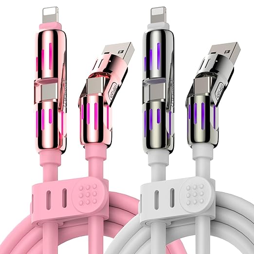 MFish 240W 4-in-1 Universal USB Charging Cable [2 Pack, 6.6ft] – Fast Charger Cord with USB-A, Dual USB-C & Lighting, for iPhone 14/15/16/17 Series, iPad & MacBook & More (2PACK, Pink+White, 6.6Ft)